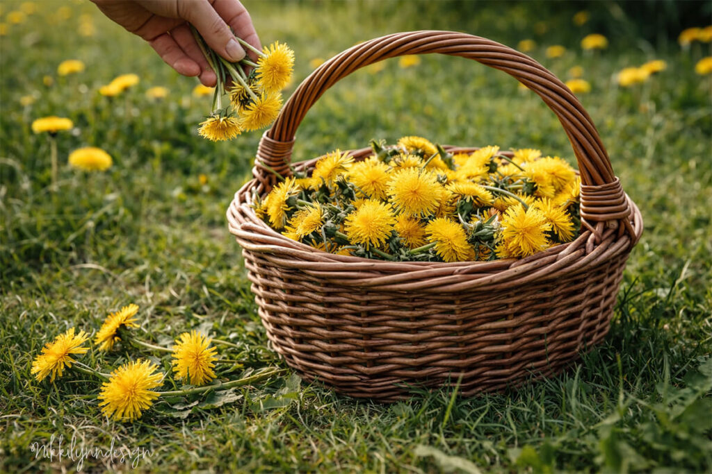 Hand picking fresh dandelion flowers into a wicker basket for making homemade dandelion wine.