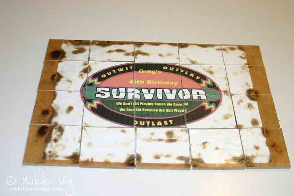 Survivor Puzzle Pattern - Print out any image or you can download and print my blank pattern on Nikkilynndesign.com. I printed out my husband's logo and then glued it to a board using Mod Podge. Then just cut out tiles using a jig saw. Update: I used a blowtorch to make the burnt, old look to the puzzle before I Mod Podged it.