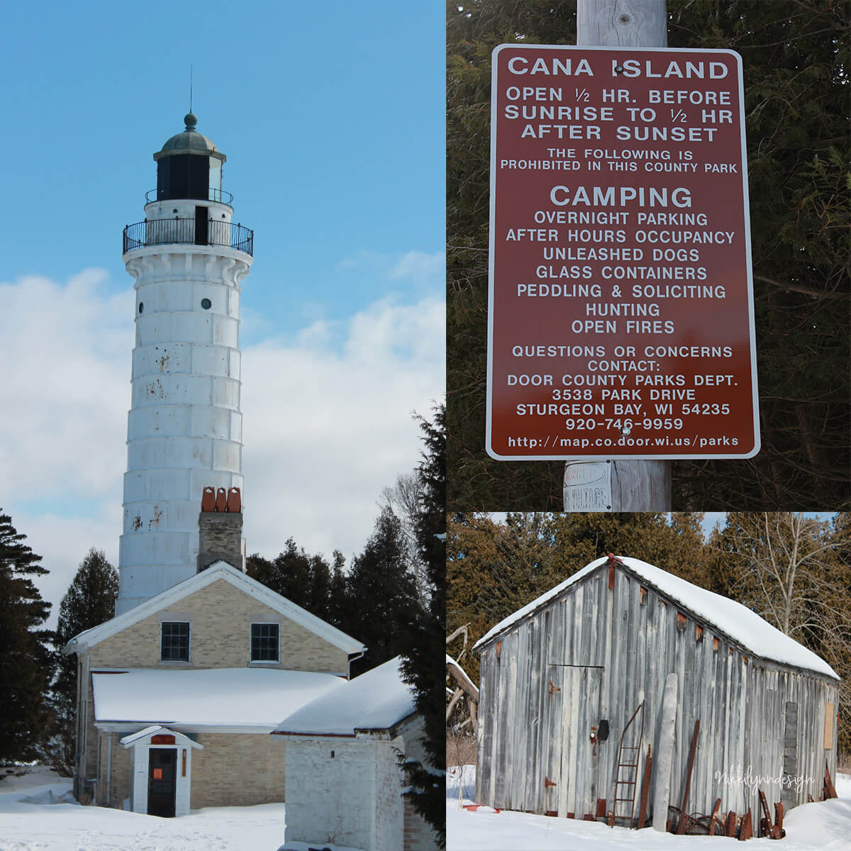 Cana Island Lighthouse in Baileys Harbor, Door County Wisconsin with winter snow and park sign