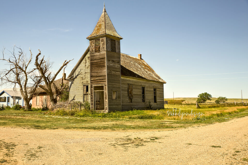 Abandoned wooden church in the ghost town of Cottonwood South Dakota on the prairie near Badlands National Park