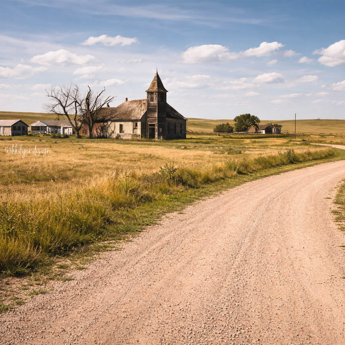 Abandoned church and prairie road in the ghost town of Cottonwood South Dakota near Badlands National Park