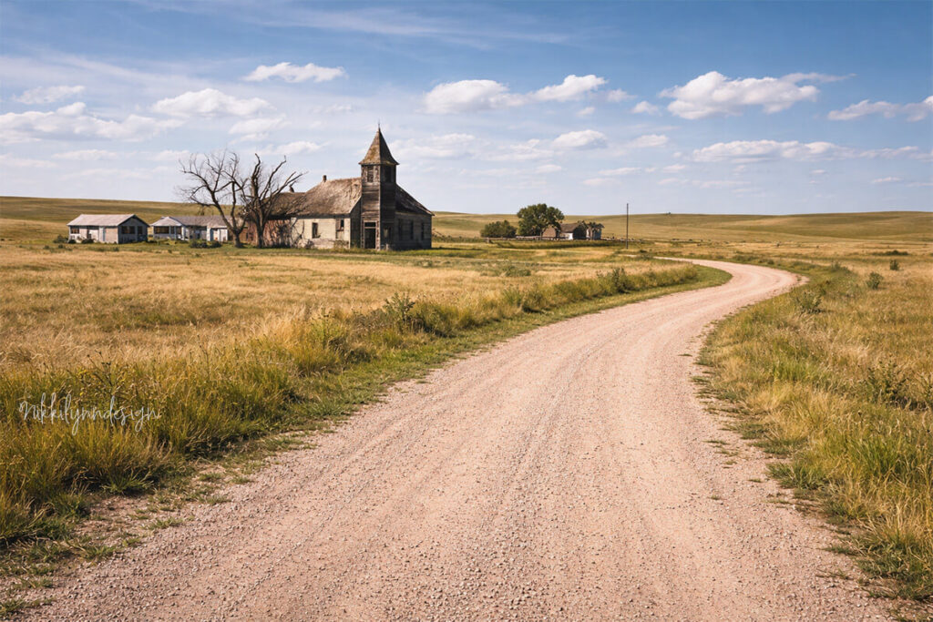 Abandoned church and prairie road in the ghost town of Cottonwood South Dakota near Badlands National Park