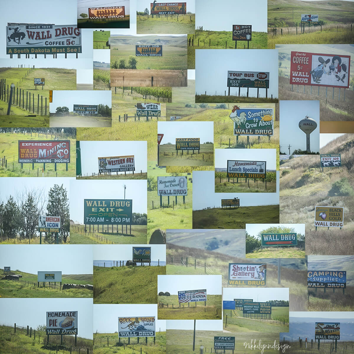Collection of roadside Wall Drug signs seen along highways across South Dakota