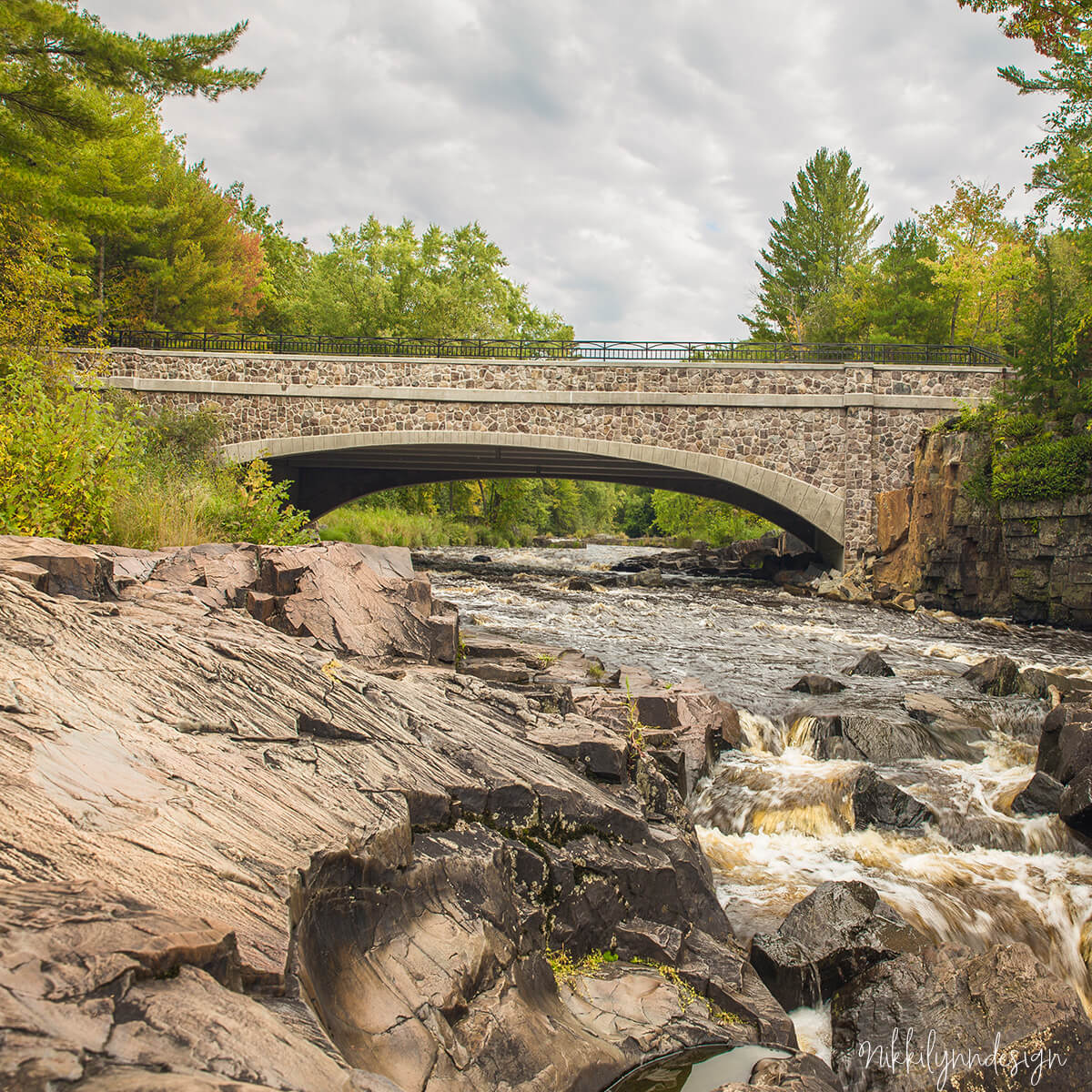 Rocky gorge and bridge at Dells of Eau Claire County Park in Marathon County Wisconsin