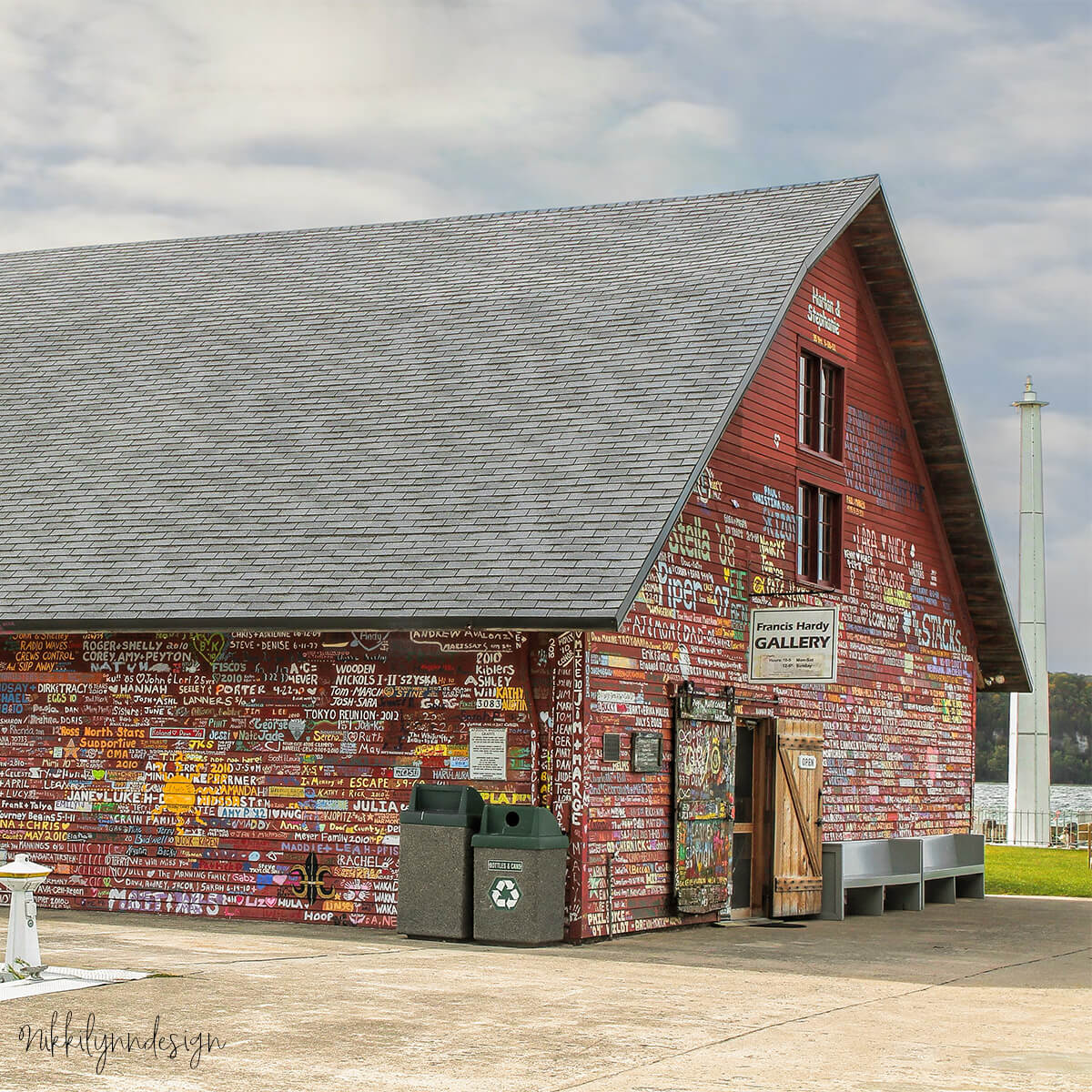 Anderson Dock and Francis Hardy Gallery in Ephraim Wisconsin covered in colorful painted names.