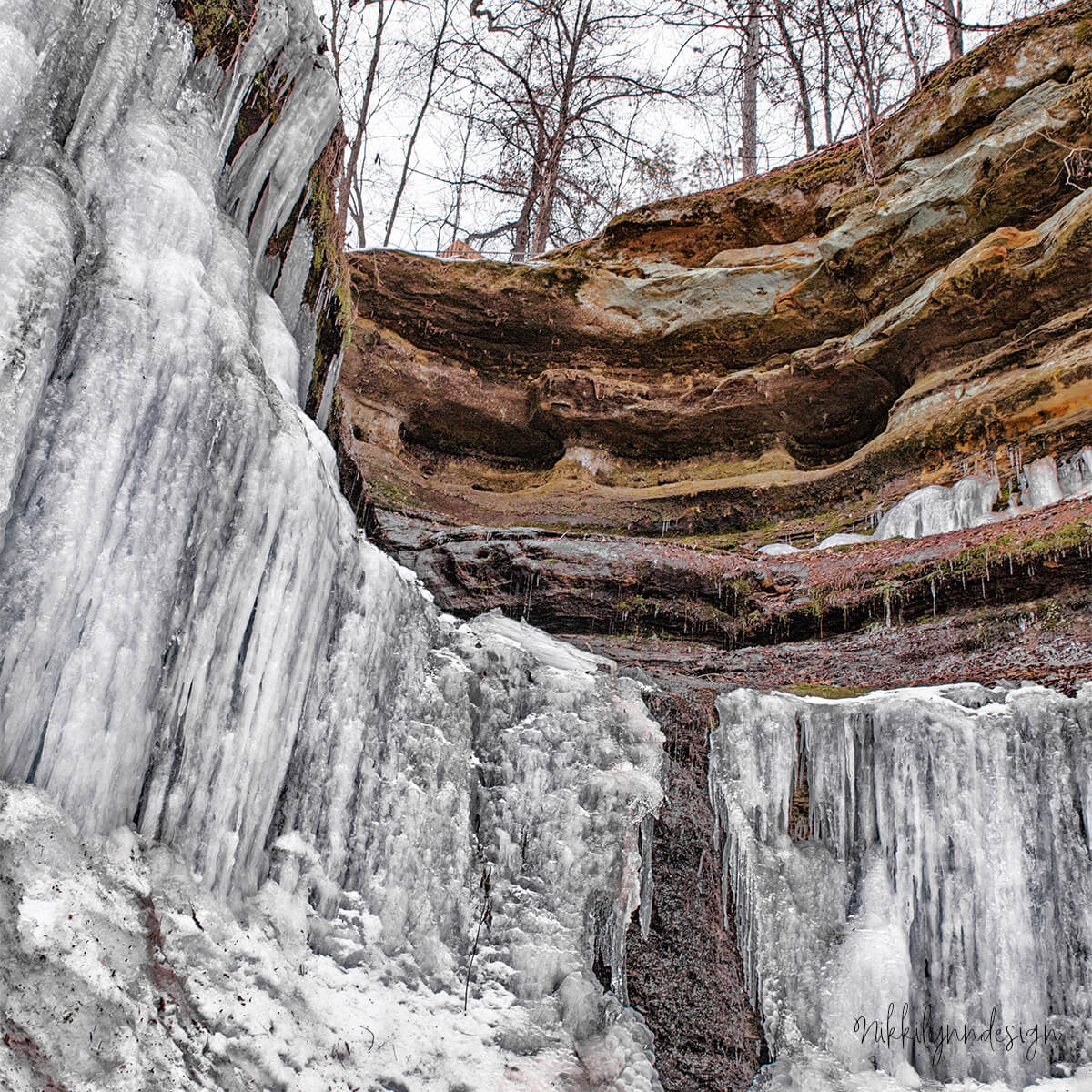 Frozen rock walls and ice formations at Devil’s Punchbowl Preserve in Menomonie Wisconsin