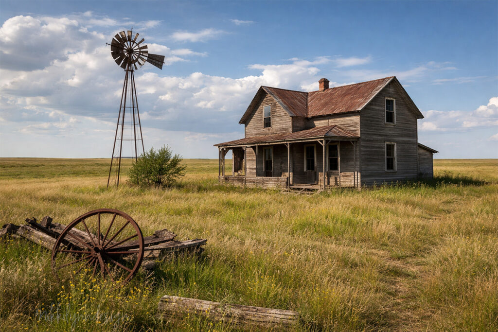 Abandoned farmhouse and windmill standing alone on the open prairie in South Dakota.