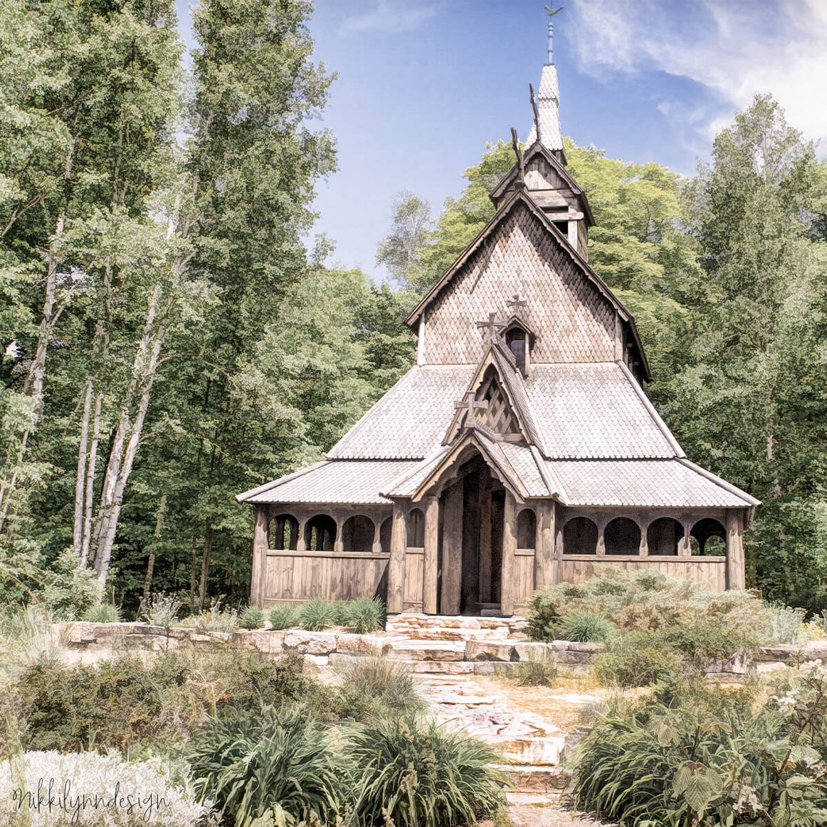 Stavkirke Church on Washington Island in Door County Wisconsin surrounded by trees