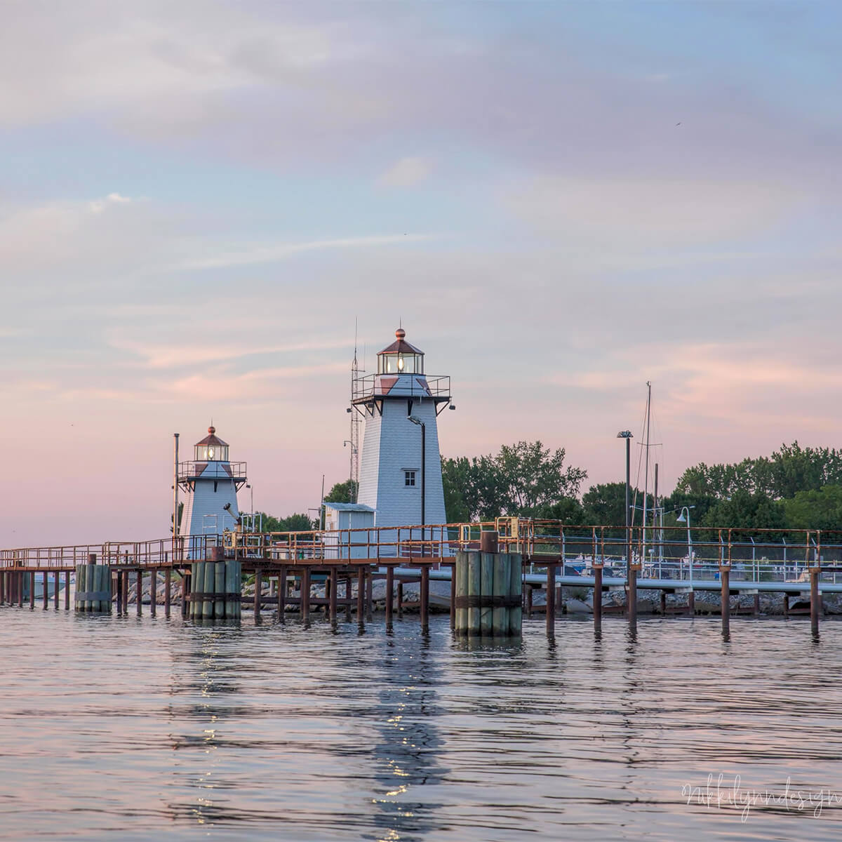Grassy Island Range Lights lighthouse towers in Green Bay Wisconsin at sunset along the Fox River entrance