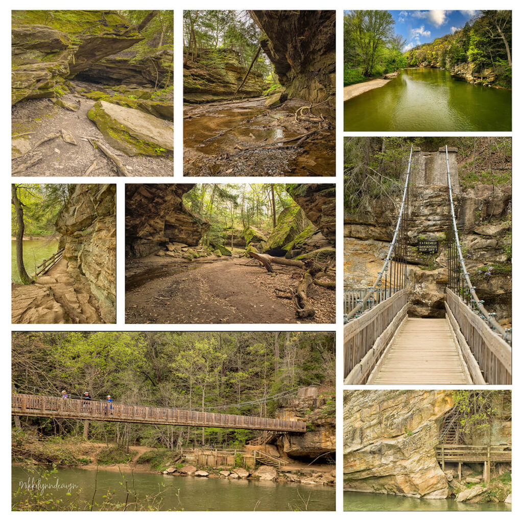 Collage of hiking scenes along Trail 10 at Turkey Run State Park in Marshall Indiana showing sandstone canyons, suspension bridge, and Sugar Creek