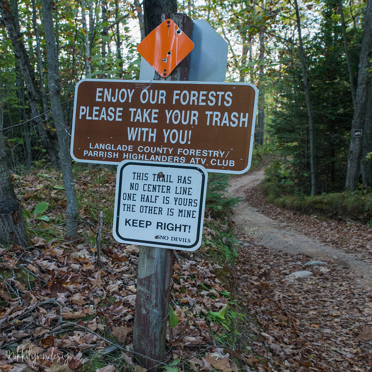 Trail sign along the Parrish Highlands ATV UTV trail system in Langlade County Wisconsin
