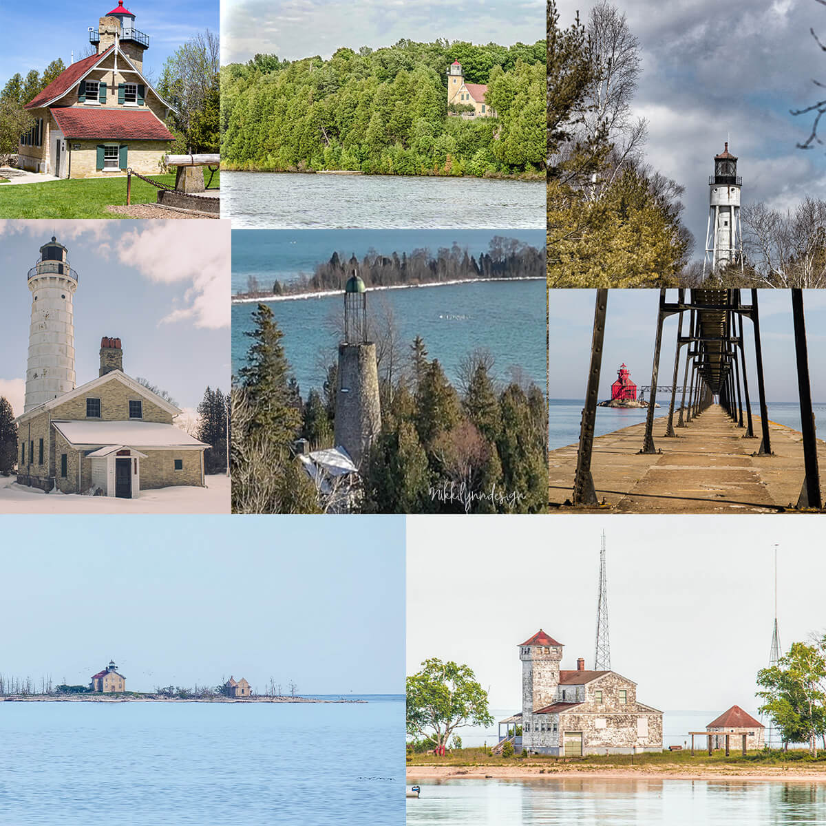 Collage of historic lighthouses in Door County Wisconsin including Cana Island, Baileys Harbor Birdcage, Sherwood Point, Sturgeon Bay Canal, and other Lake Michigan lighthouse landmarks.