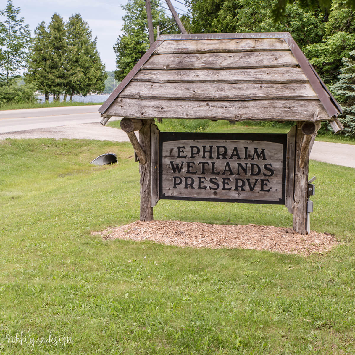Entrance sign for Ephraim Wetlands Preserve in Door County Wisconsin