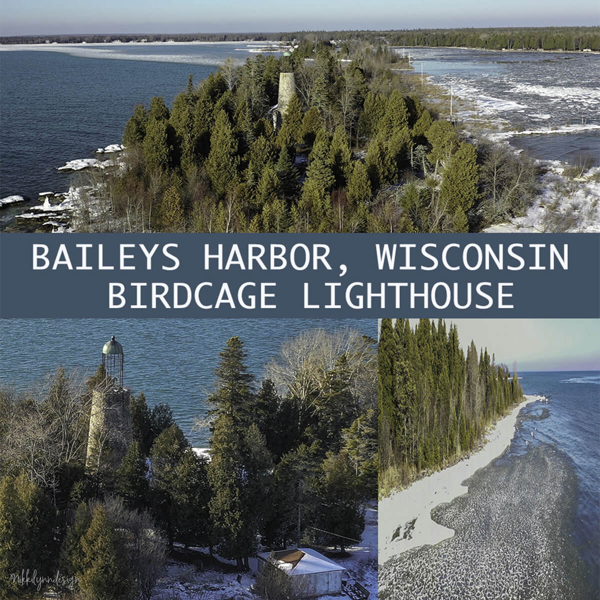 Aerial view of the Birdcage Lighthouse surrounded by cedar trees along the shoreline of Baileys Harbor in Door County, Wisconsin.