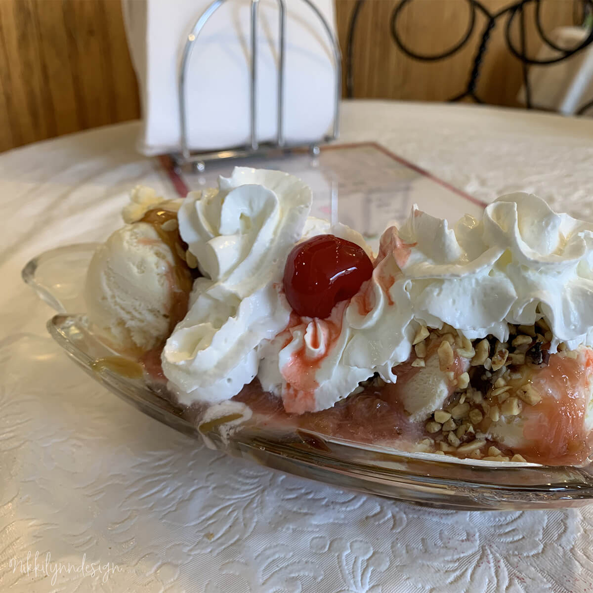 Ice cream sundae served at the historic Washington House ice cream parlor in Two Rivers Wisconsin