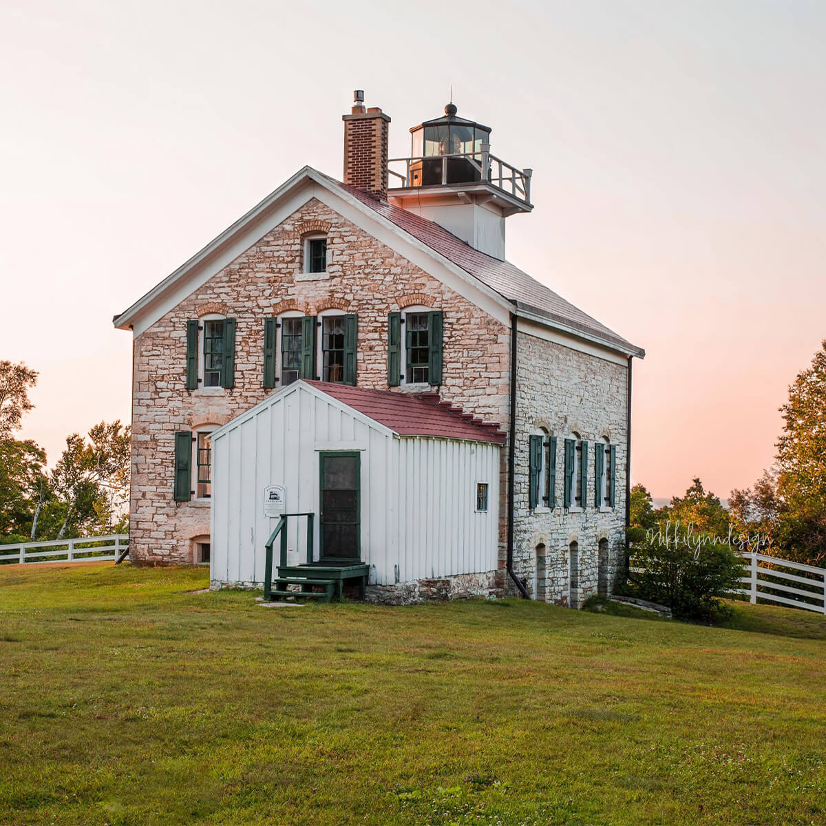 Potawatomi Lighthouse on Rock Island in Door County Wisconsin at sunset