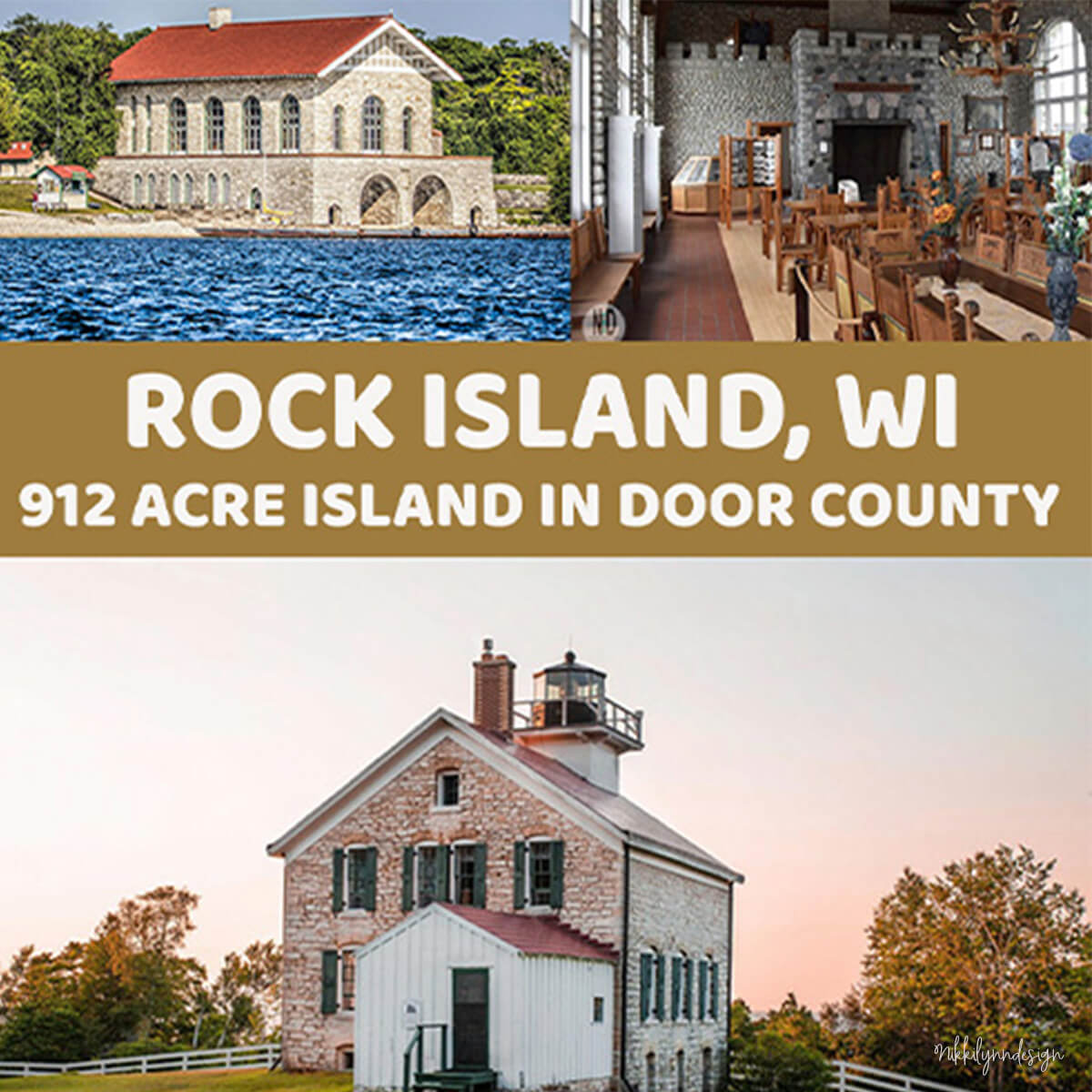 Potawatomi Lighthouse and historic boathouse on Rock Island in Door County, Wisconsin.