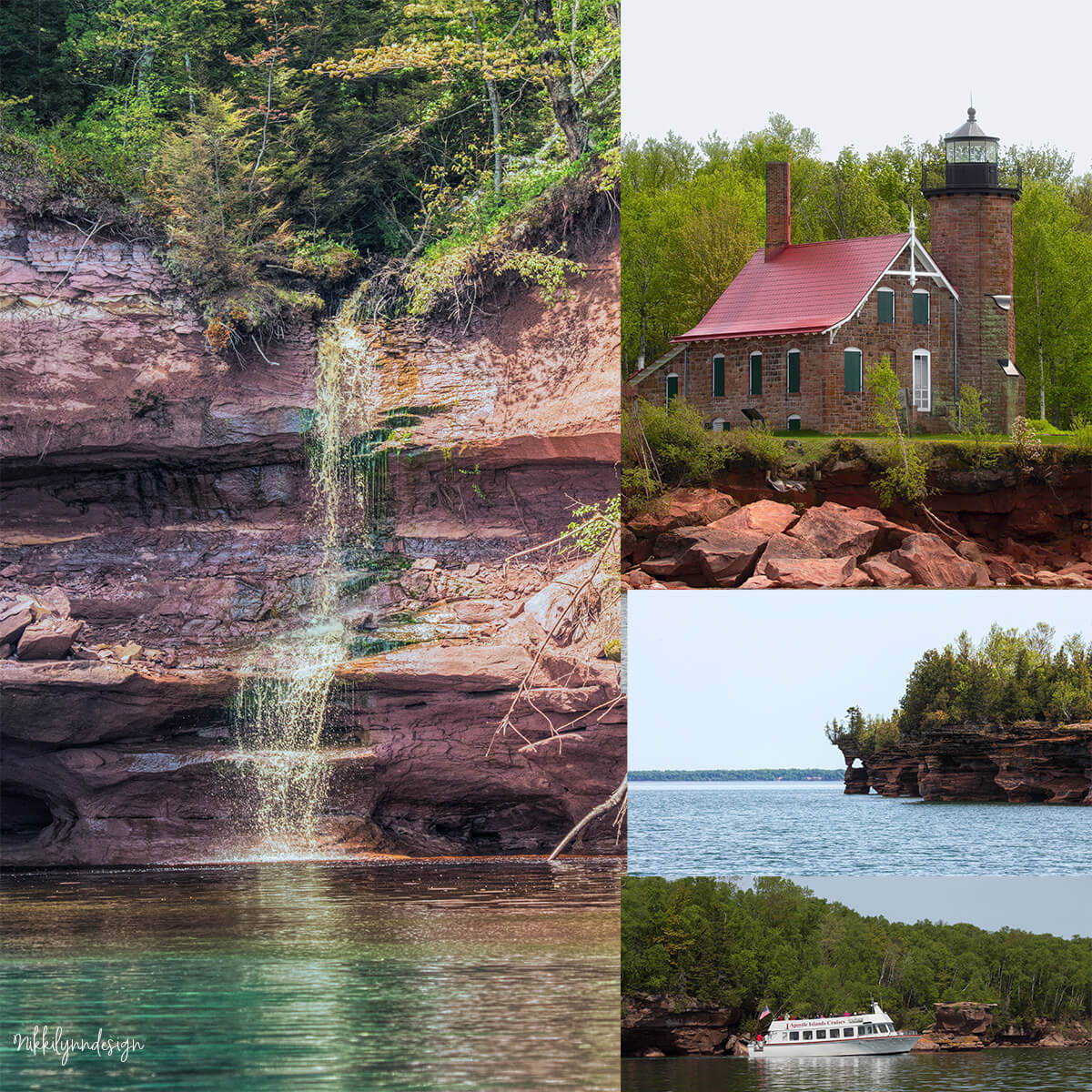 Collage of Apostle Islands National Lakeshore and Madeline Island in Wisconsin showing a shoreline waterfall, Sand Island Lighthouse, sandstone cliffs, and a tour boat on Lake Superior.