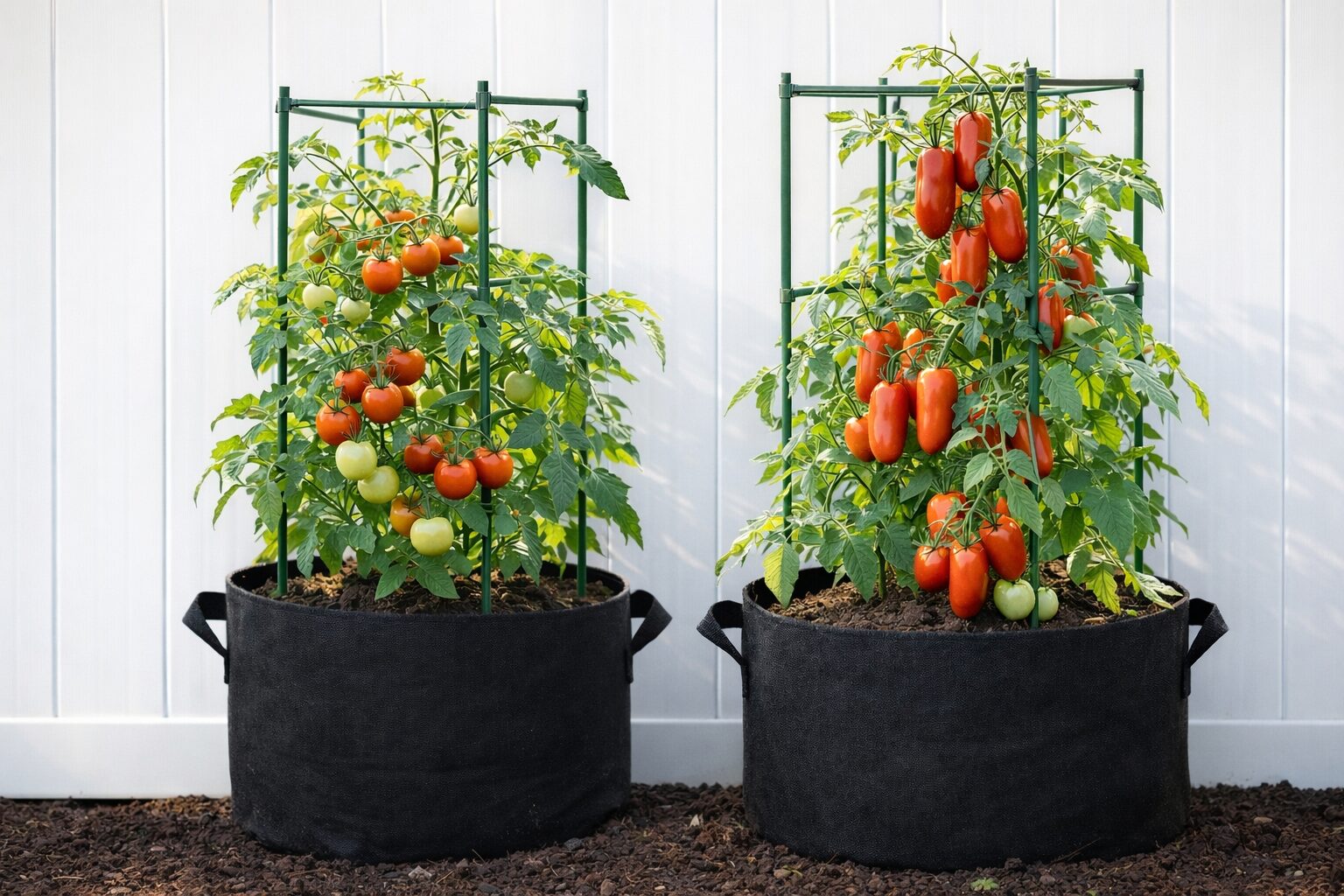 Tiny Tim and San Marzano tomato plants growing in 10 gallon fabric grow bags with trellises against a white vinyl fence