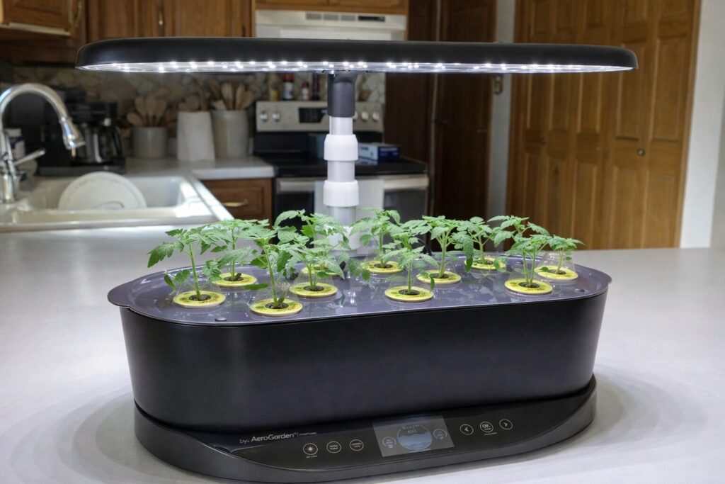 Tiny Tim and San Marzano tomatoes growing in an Aerogarden