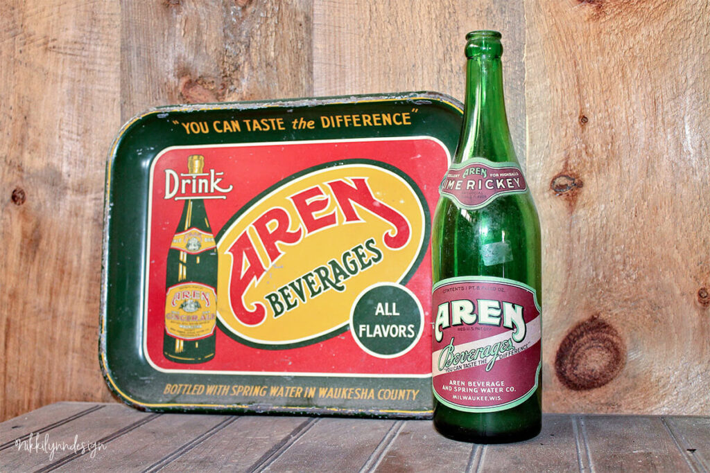Vintage Aren Beverages soda bottle and advertising tray from Waukesha Wisconsin