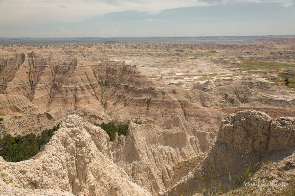 View of eroded rock formations and valleys near the Pinnacles Entrance in Badlands National Park South Dakota