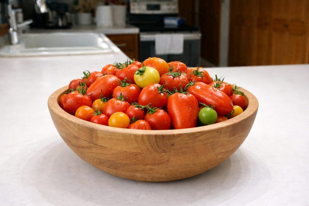 Freshly harvested homegrown tomatoes in a wooden bowl on an off-white kitchen countertop